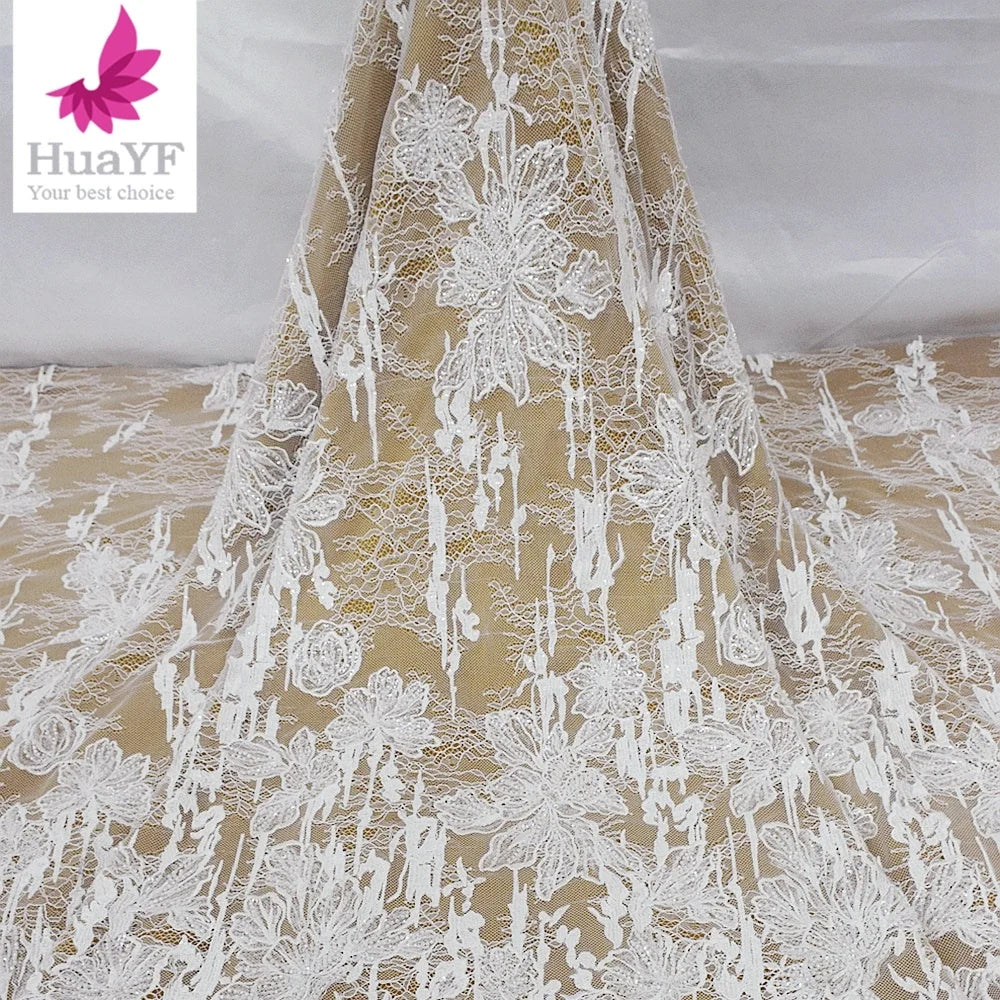 2023 Latest Elegant Sequin Beaded Embroidery Tulle Lace Fabric for Women Wedding Dress HY2162-2