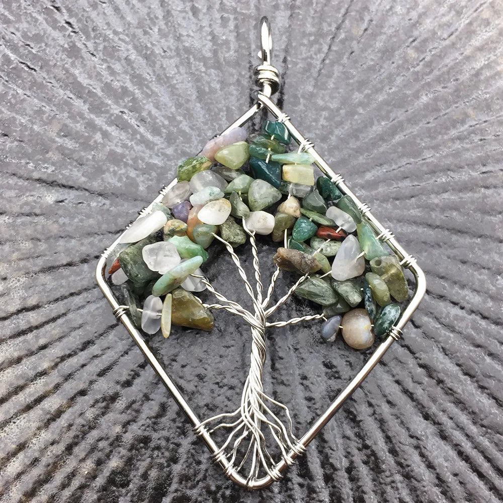DIY Factory Directly Wholesale Natural Indian Agate Chips Tree of Life Necklace Leather Chain Tree Pendant Palm Tree Necklace