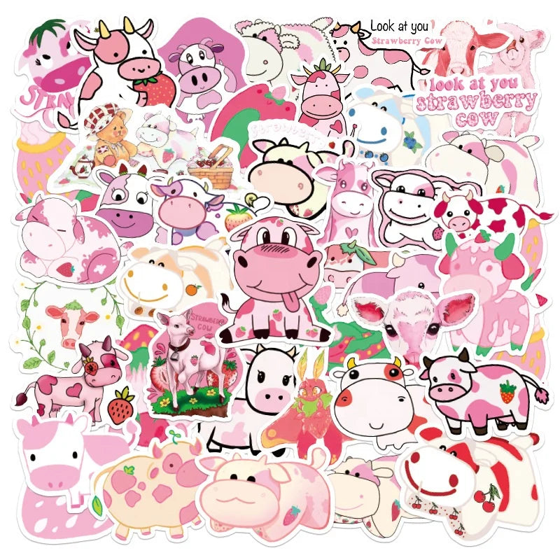 50Pcs Cute Pink Milk Strawberry Cows Decor Girly Sticker Notebook Diary Waterproof Vinyl Label Diecut Stickers Custom