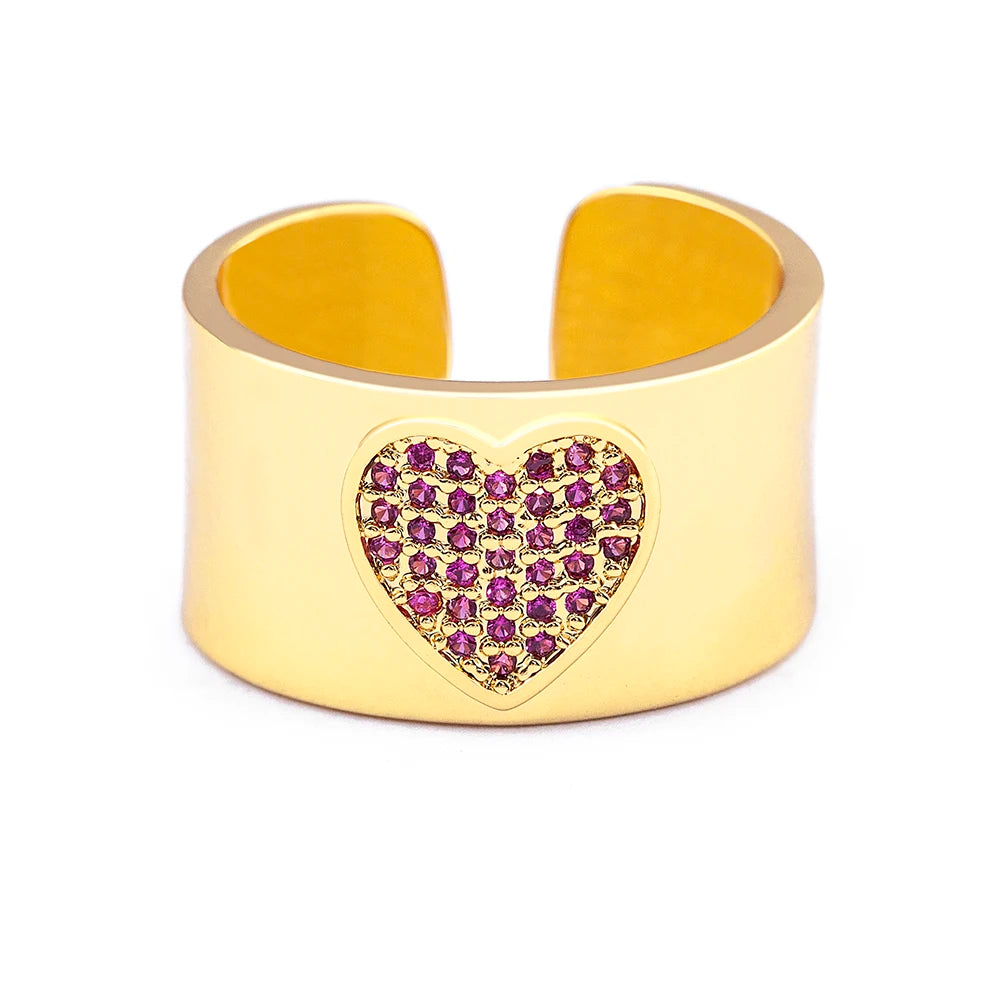 QIKU Rose Red Heart Pattern Adjustable Opening Wide Ring Copper Zirconia Women Jewelry Accessories Gift Wholesale Dropshipping