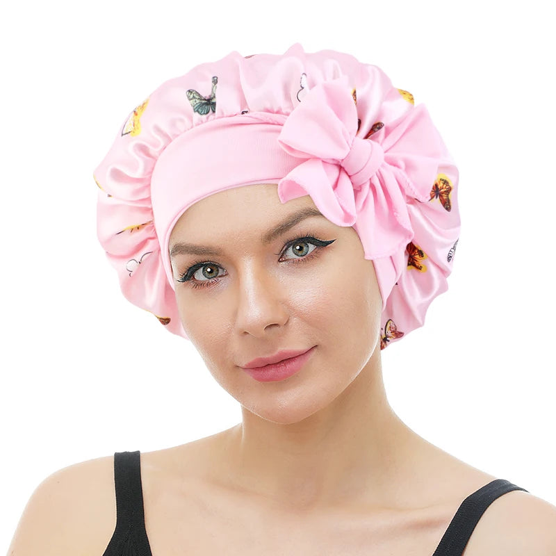 Hot Beauty Female Flower Pattern Medium Size Single Color Bag Satin Sleep Bonnets With Elastic Ties