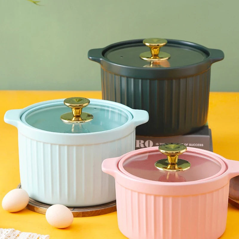 Wholesale Creative Matt Colored Glaze Ceramic Casserole with Glass Cover High Temperature Resistant Domestic Stew Pot