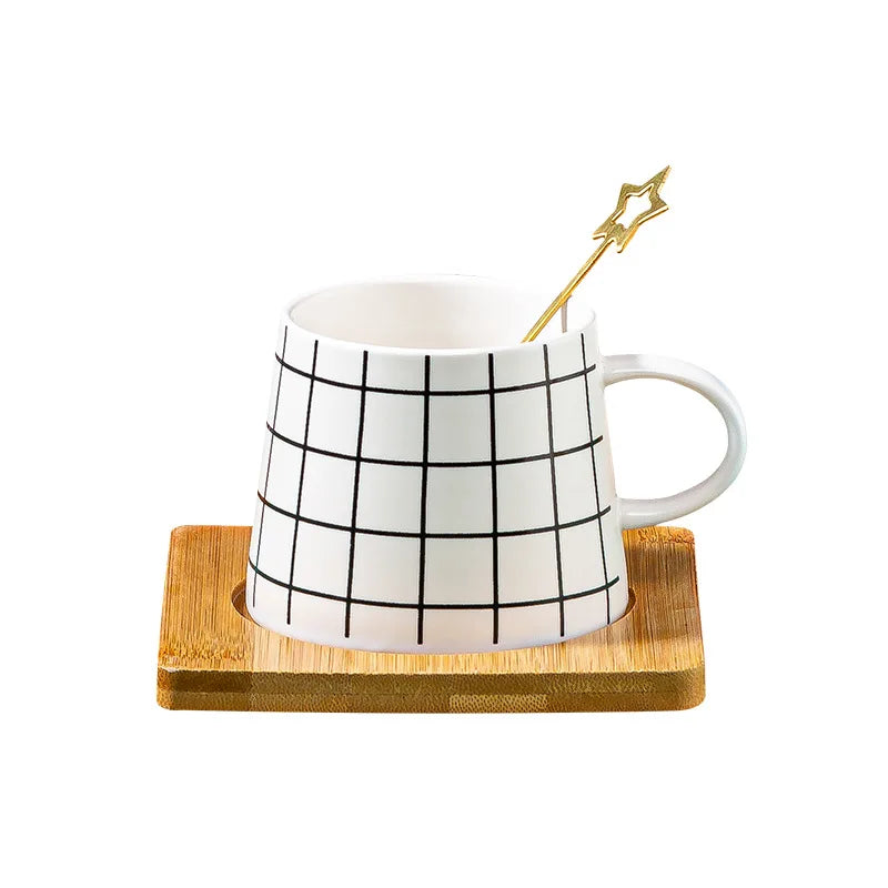 Solhui  Creative Checkerboard Black and White Coffee Mug with coaster Korea Geometric Ceramic Water Cup
