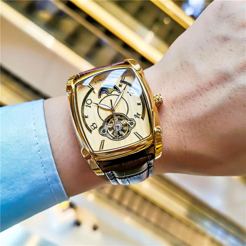 AOKULASIC Automatic Mechanical Rectangular Watch Men's Luminous Fashion Brand Leather Clock Montre Homme
