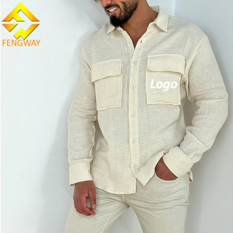 Fengway Custom Spring Plain Cotton-Linen Breathable Eco-Friendly Anti-Pilling Men's Long Sleeve Shirts with Pockets