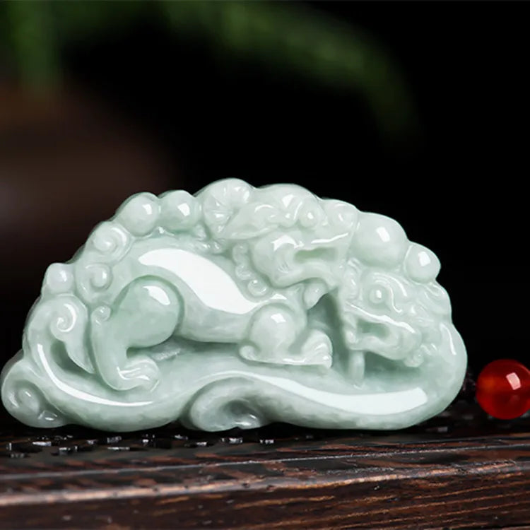 Natural Burmese a Jadeite Pixiu Dragon Hook Pendant Lucky Ice Jade Necklace for Men & Women Fashionable Pendants Charms Jewelry