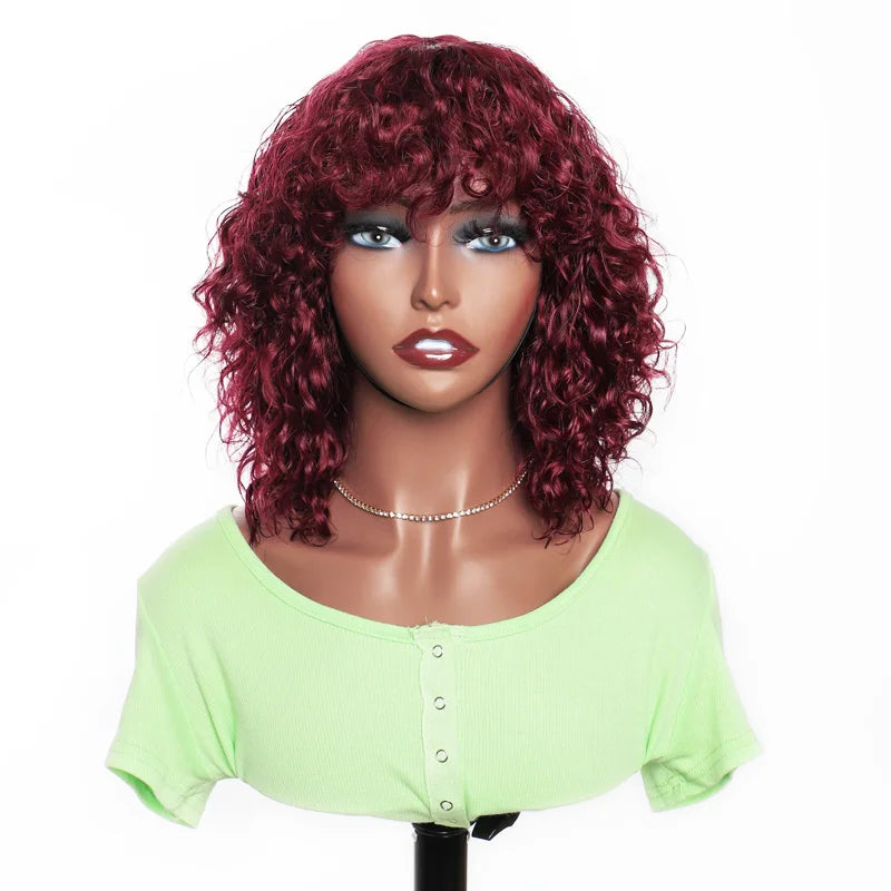 Hot-sale SDD Super Double Drawn Machine Made Fringe Water Wave Wig for Black Women Perruque Pixie Curls Cut With Bangs