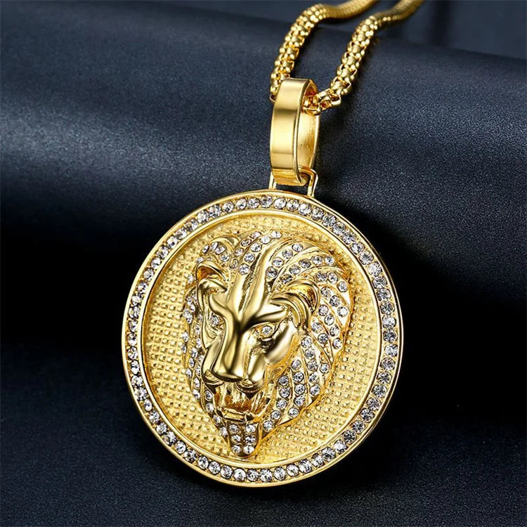 HipHop Lion Head Stainless Steel Zircon Stone 18k Gold Plated Box Chain Round Pendant Necklace for Engagement Gift Party