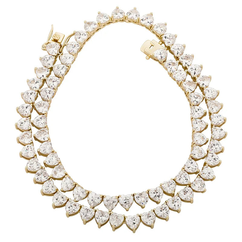 Up-Class Alloy Stainless Steel 18K Gold Plated Gemstone Necklace 6mm Heart Zircon Tennis Chain Choker Necklace for Women