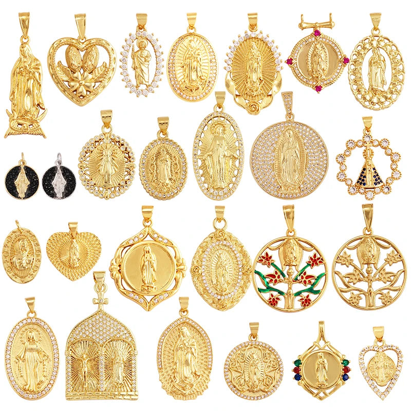 Holy Jesus Virgin Mary Charm Geometry PendantReligious 18K Gold Inlaid Cubic Zirconia Jewelry Necklace Accessories Supplies M51
