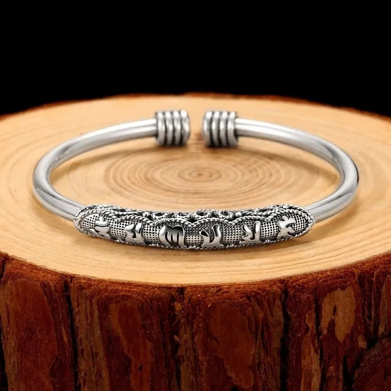 Vintage Thai Silver Buddhist Scriptures Heart Sutra Bangle Silver-Plated Bracelet Six-Word Mantra Bracelet Female Open Bangle