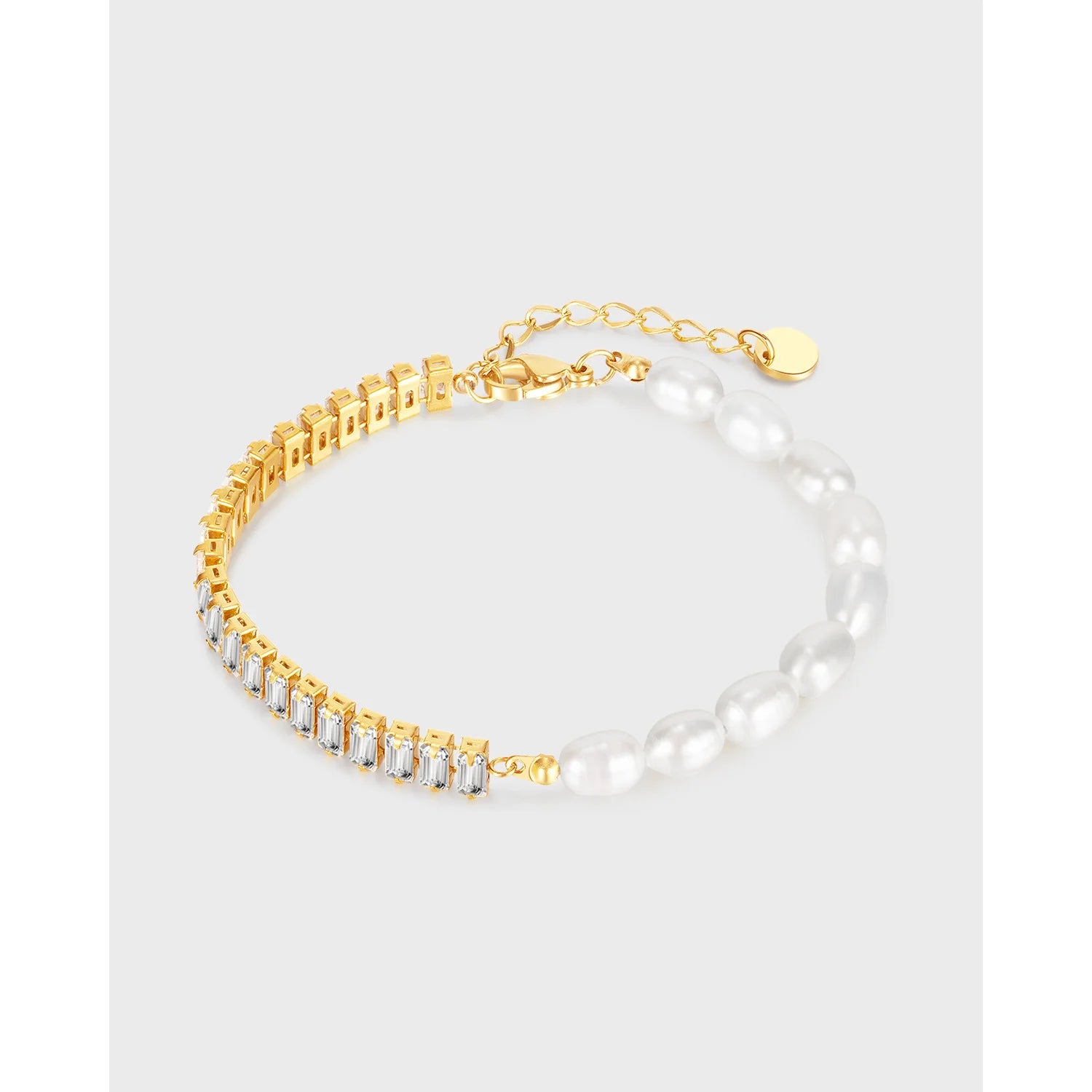 Asymmetric Rectangle Zircon Tennis Natural Freshwater Pearl Bracelet 18k Gold Plated Stainless Steel Zircon Bracelet