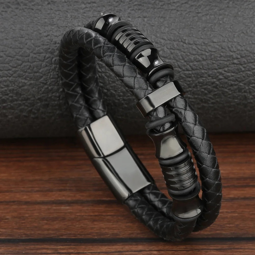 Magnetic Titanium Leather Weave Stainless Steel Bracelets for men  2021 handmade black bracelet