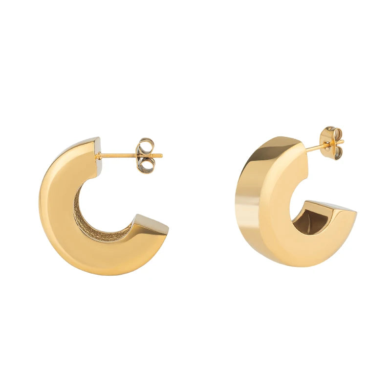 Women Hypoallergenic Jewelry Earrings 18K Gold Plated Stainless Steel Tarnish Free Chunky C Shape Statement Hoop Earrings