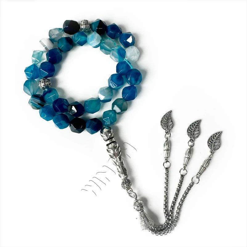 Blue Natural Agate Diamond Cut 10mm Beads With Silver Accessories Misbaha Prayer Beads Islamic Tasbih Muslim Rosaries