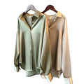 Niche Drape Retro Hong Kong Style Long-Sleeved Satin Shirt for Women Solid Pattern Knitted Top for Summer