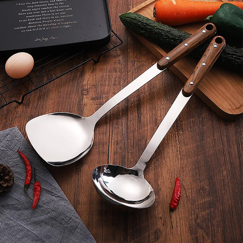 Wholesale 2-Piece Stainless Steel Wok Utensil Set Heavy Duty Spatula Ladle Solid Wood Handle Dishwasher Safe Modern Kitchen