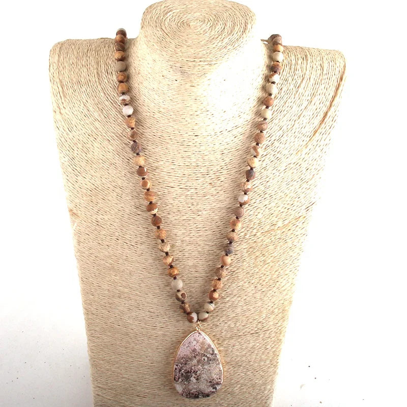 Fashion Boho Jewelry Frosted Natural Stones Long Knotted Drop Pendant Necklace Women Necklace Gift