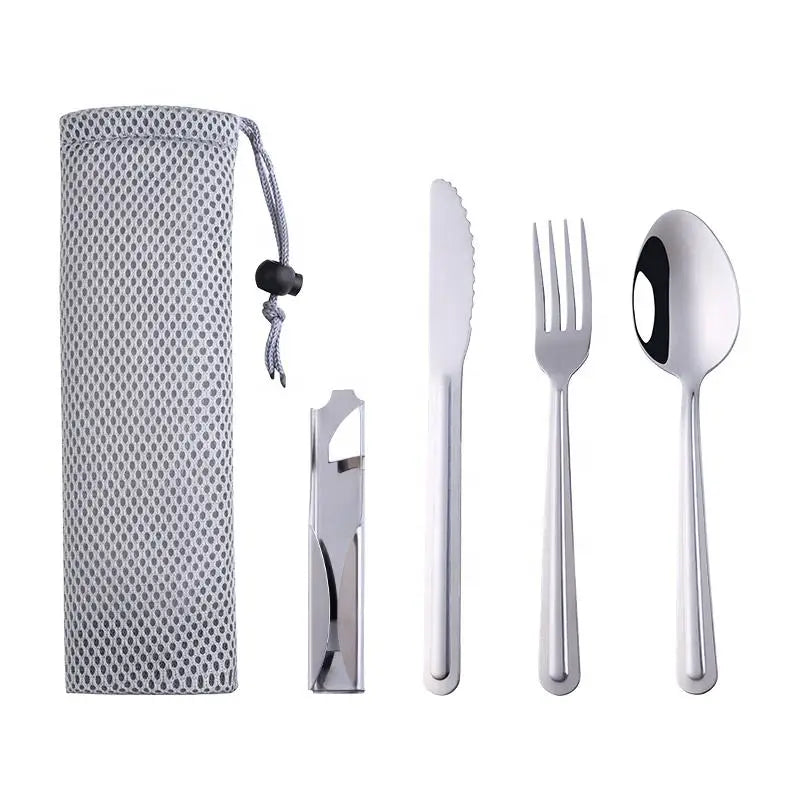 3 in 1 Outdoor Camping Portable Utensils Travel Flatware Portable Picnic Cutlery Set with Bottle Opener case Bag