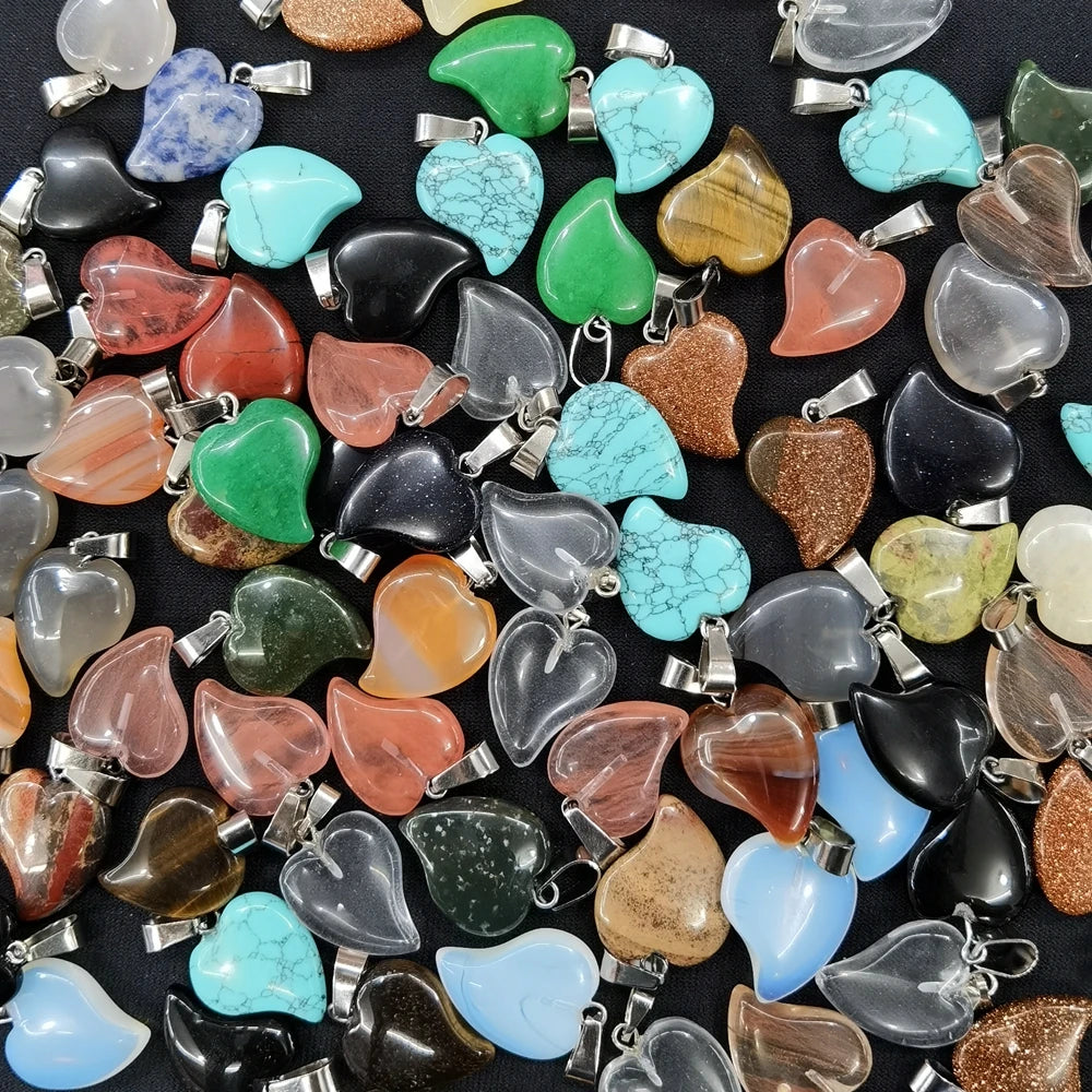 2020 Good Selling Mixed Crystal Jade Heart Gemstone Pendant for Jewelry Making Natural Stones Heart Pendant DIY Pendant Necklace