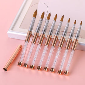 Custom Logo Wholesale Nails Supplies Tool White Crystal Handle Rose Gold Pure Kolinsky Acrylic Nail Brush Pink with Cover