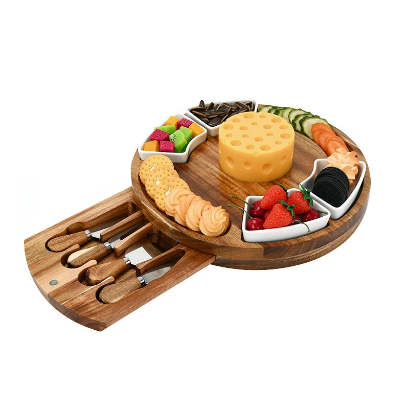 Acacia Wood Round Cheese Board and Knives Set with Ceramic Bowls Knife Spreaders Slates Chalk