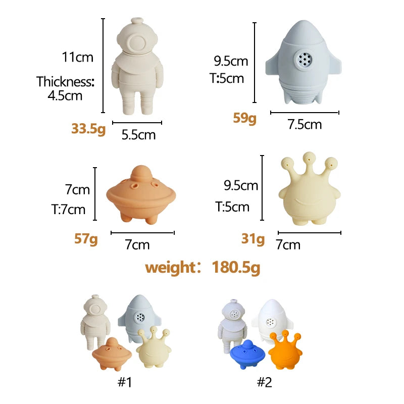 Custom New Arrival Universal Space Series Silicone Floating Water Toys BPA Free Food Grade Silicone Baby Bath Toy