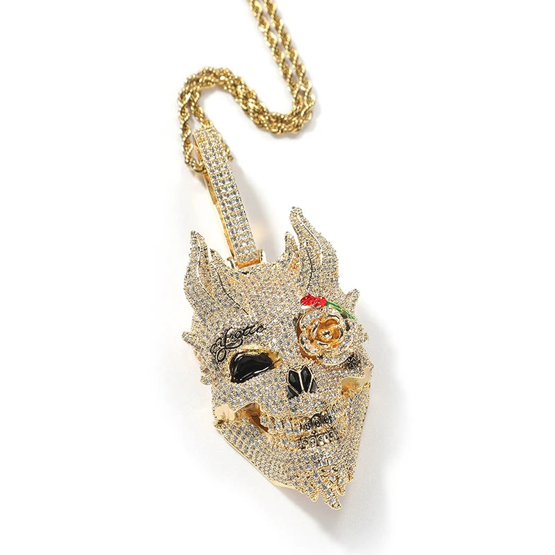 Men's Fashion Punk Street Hip Hop Silver Pendant Necklace Gold Enamel Iced Bling CZ Diamond Skull Head Rhodium Zircon