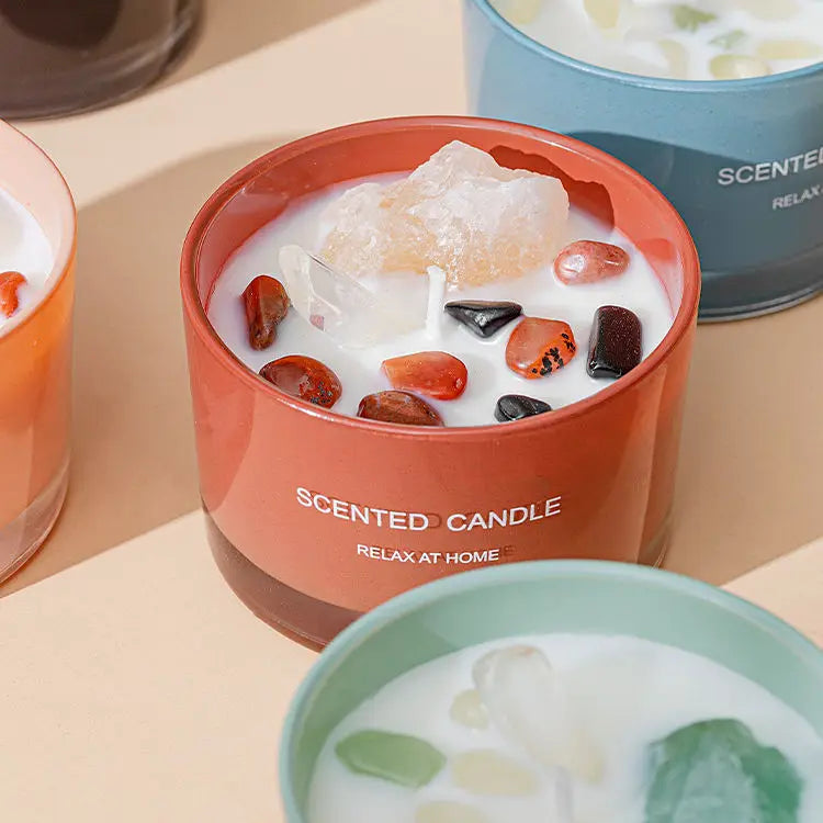 AIKUN Luxury Glass Jars Aromatherapy Bougie Kerze Private Label Home Fragrance Soy Wax Scented Crystal Healing Stones Candle