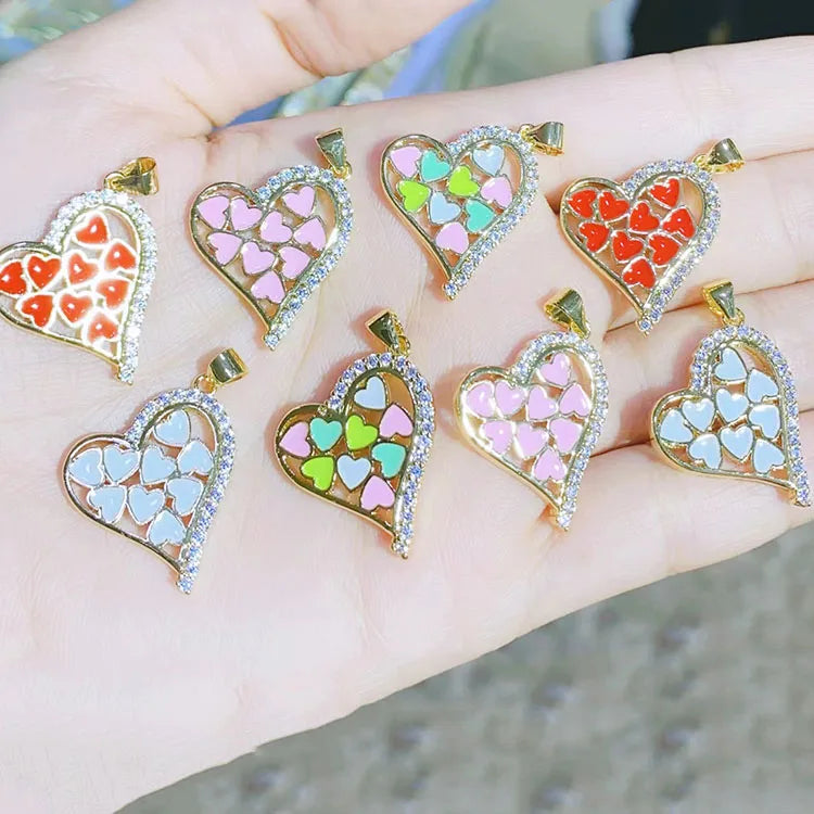 CZ8584 18k Gold Plated Pave Diamond CZ Enamel Multicolor Love Heart Shaped Pendants