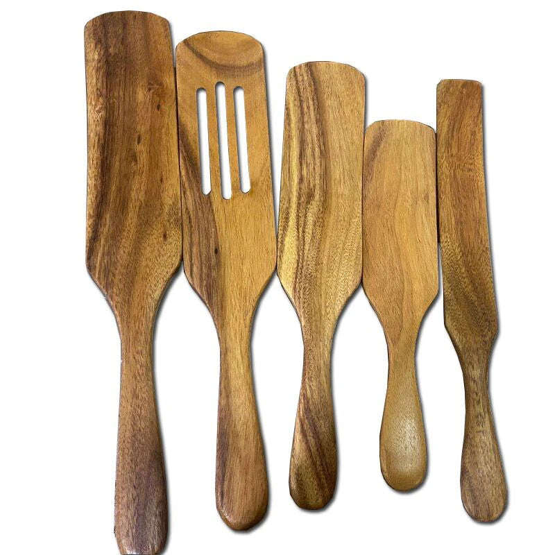 Wholesale Custom Wooden Spurtles 5 Pcs of Acacia Bamboo Beech Teak Kitchen Accessories Utensils Tools Holder Spoon Rest Bowl Set