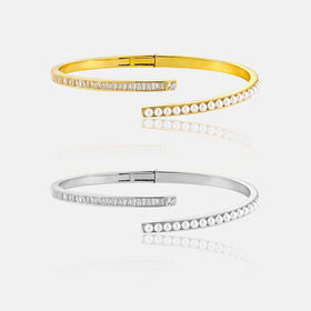 FUAMAY Gold Plated 925 Silver Designer Cuff Bracelets Pave Zircon and Shell Pearl Bracelet for Women Tennis Half Bracelet Silver
