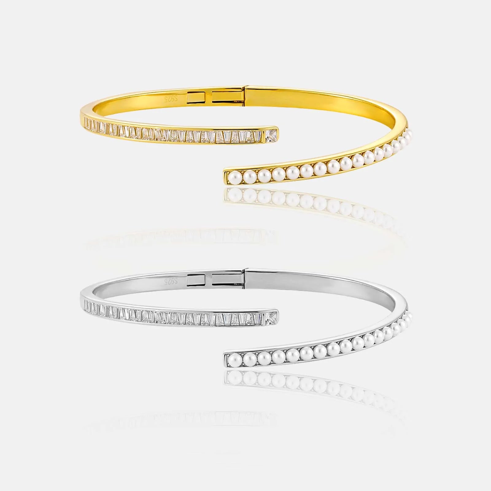 FUAMAY Gold Plated 925 Silver Designer Cuff Bracelets Pave Zircon and Shell Pearl Bracelet for Women Tennis Half Bracelet Silver