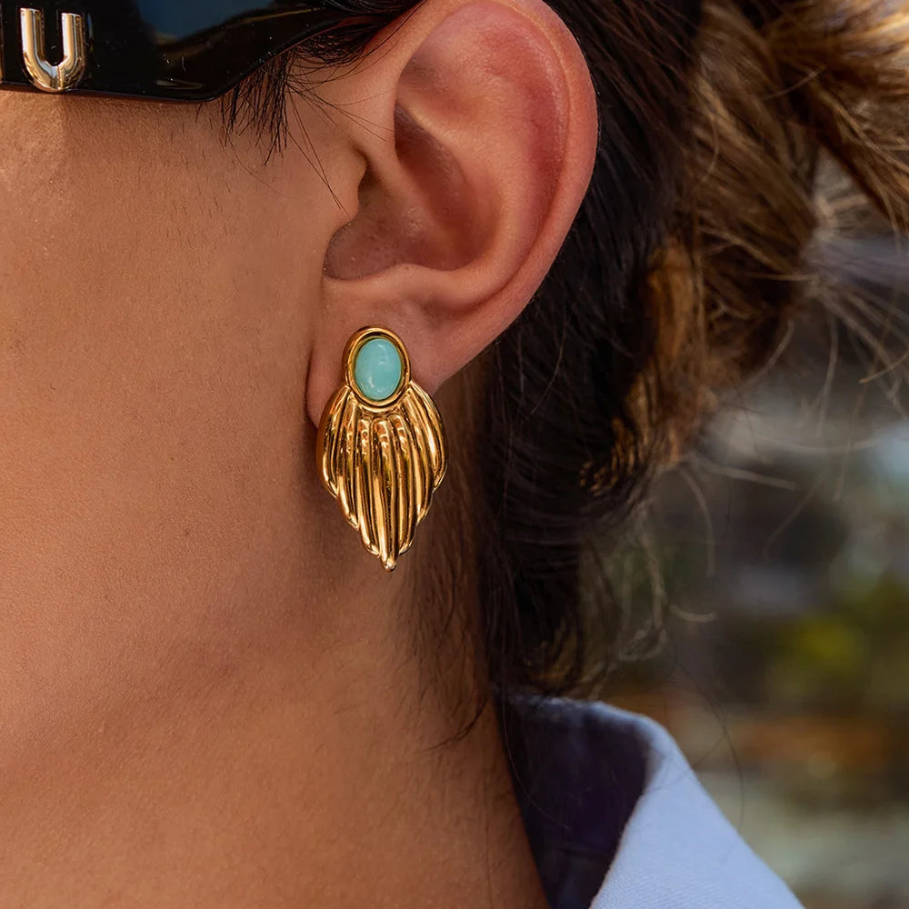 Personalized Trendy Jewelry 18K PVD Gold Plated Glossy Leaf Blue Stone Stainless Steel Stud Earring