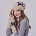 Winter Knitted Beanie Hat Mitten Set for Women Wool Beanie Gloves Set Butterfly Pattern Design Warm Wool Hat for Girls