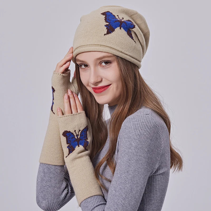 Winter Knitted Beanie Hat Mitten Set for Women Wool Beanie Gloves Set Butterfly Pattern Design Warm Wool Hat for Girls