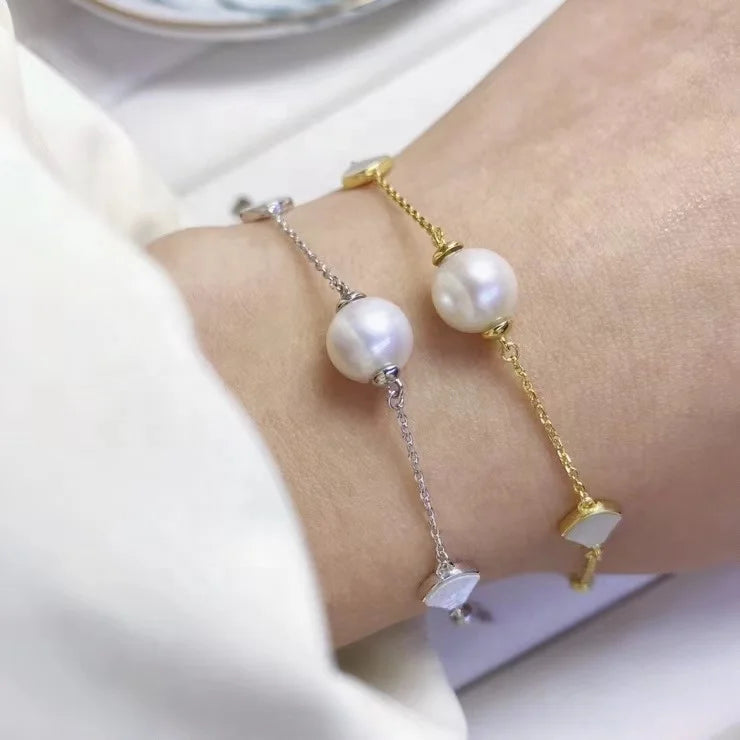 B399 8-9mm 925 Sterling Silver Gold Plated Wholesale Freshwater Pearl Charm Bracelet  Bangle Fancy Jewelry for Women