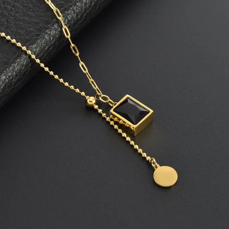 Nabest Women Rectangle Emerald Green Pendant Necklaces Jewelry PVD Stainless Steel Geometric Tassel Clavicle