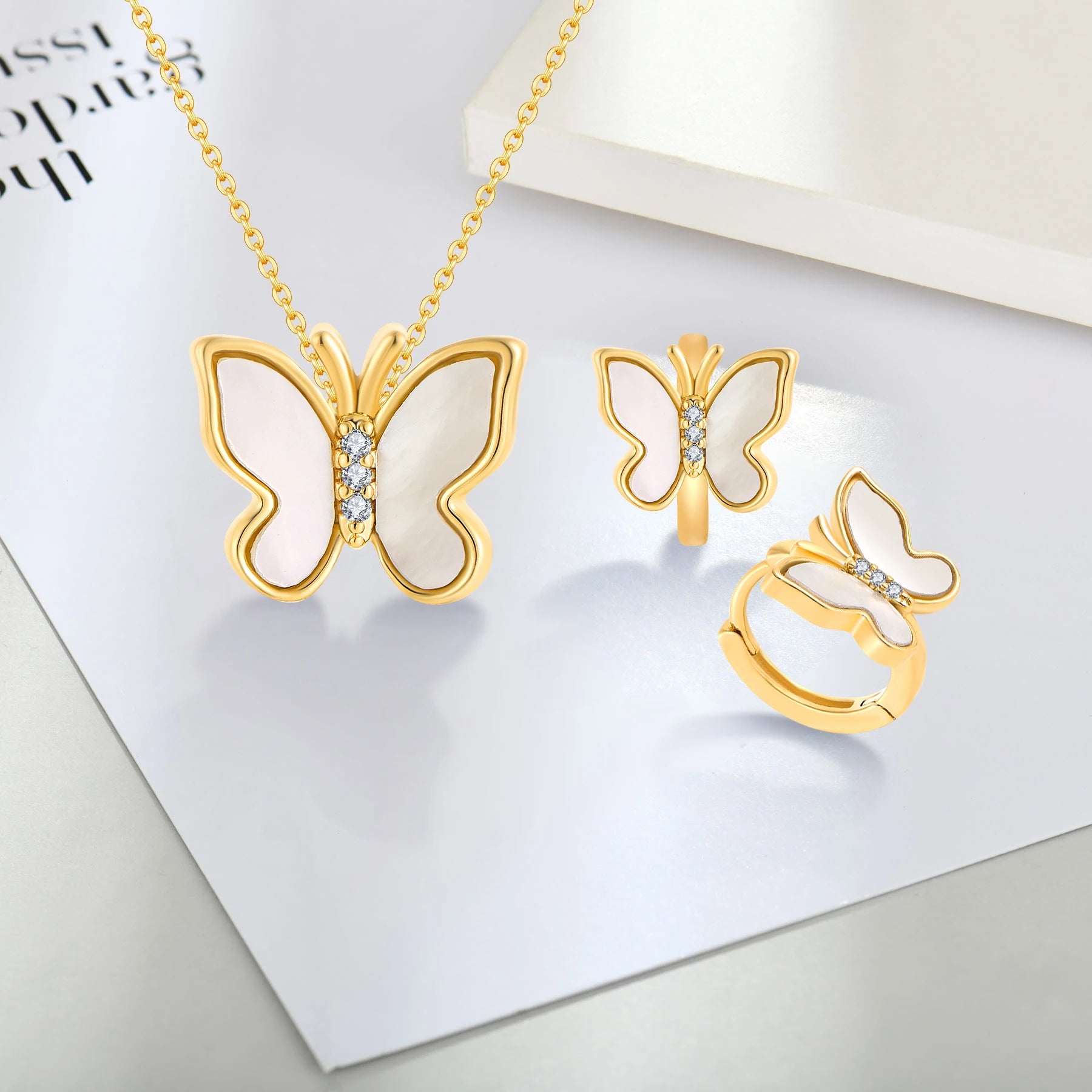 Custom 14K 18K Gold Plated Butterfly Shell Chain Necklace Women Butterfly Earrings 925 Sterling Silver Jewelry Set
