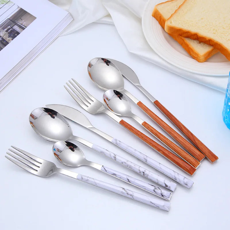Luxury Korean Marble Plastic Handle Cutlery Set Spoon Fork Knife Flatware Set Stainless Steel Silverware Set with Wooden Handle