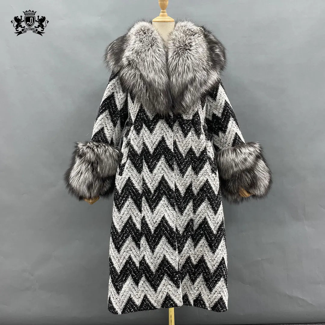Janefur New Arrival Long Sawtooth Wool Jacket With fox Fur Collar Winter 100% Cashmere Coat Women