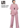 2025 Summer Women's 2 Piece Outfit - Solid Color V-Neck Top & High Waist Wide Leg Pants Elegant Casual Set