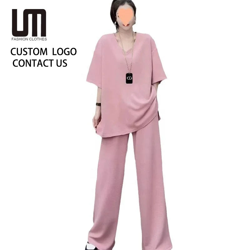 2025 Summer Women's 2 Piece Outfit - Solid Color V-Neck Top & High Waist Wide Leg Pants Elegant Casual Set
