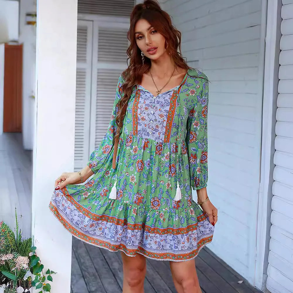 Bohemian Leisure Holiday Style Dress Short Skirt 2024 Spring and Summer Flower Printing Women Clothing