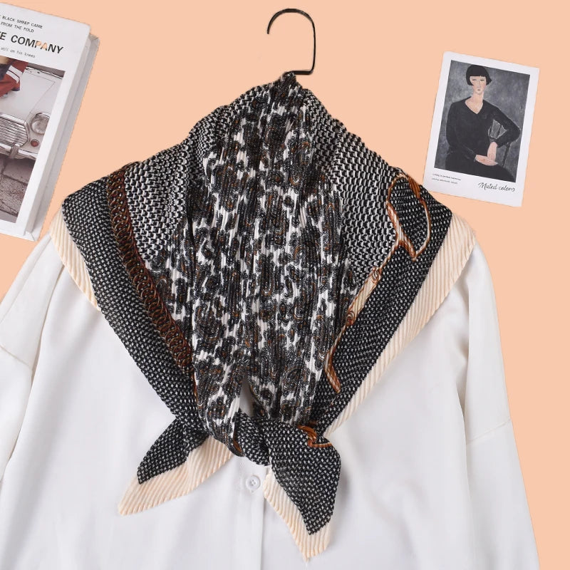 Factory Direct Cheap Gridcotton Large 90cm Square Scarf Pleated Pressed Crep Fold Hair Bandana for Women-Made Durable Polyester