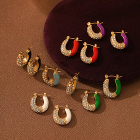 Colorful Oil Drop Enamel Zircon Hoop Earrings Gift Girls Gold Plated Round Earrings Waterproof Stainless Steel Jewelry