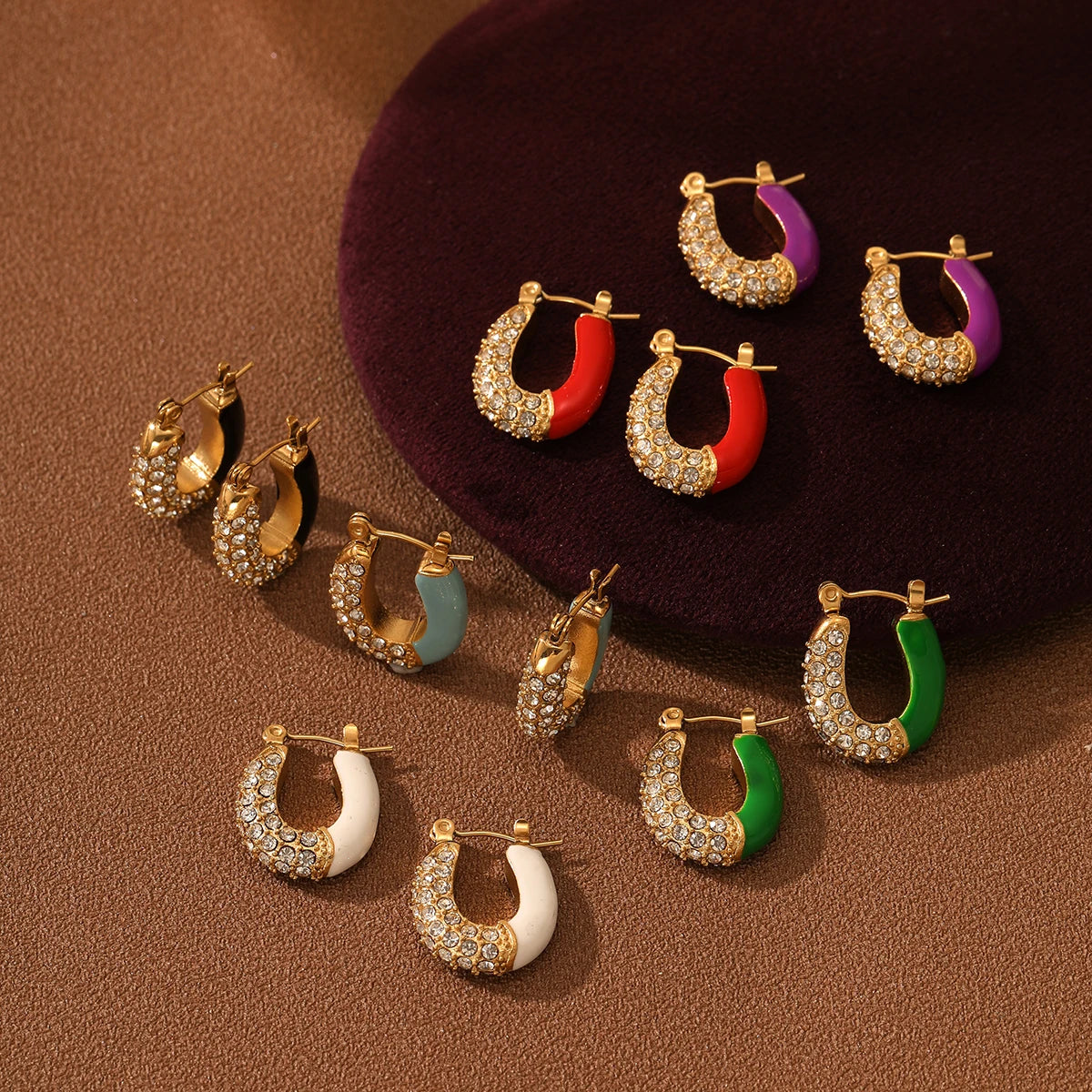 Colorful Oil Drop Enamel Zircon Hoop Earrings Gift Girls Gold Plated Round Earrings Waterproof Stainless Steel Jewelry