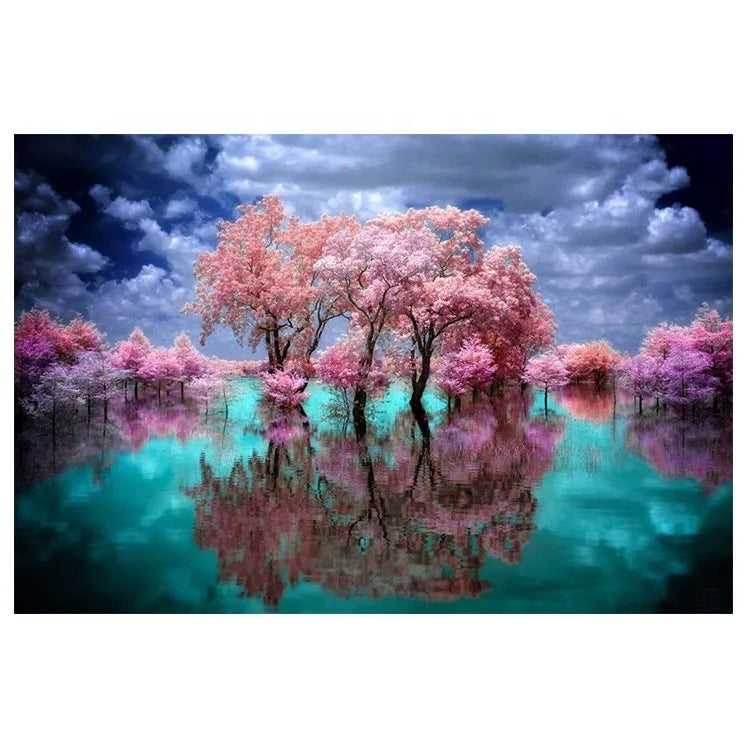 Ever Moment Diamond Painting Handmade Pink Tree Reflection Lake Scenery Crafts 3F682