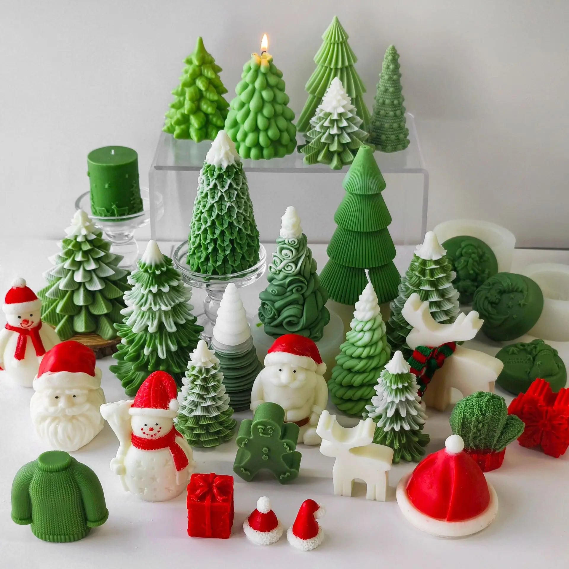3D New Design Christmas Pine Tree Candle Silicone Molds Santa Claus Elk Gingerbread Man Snowman Candle Mold for Candle Making