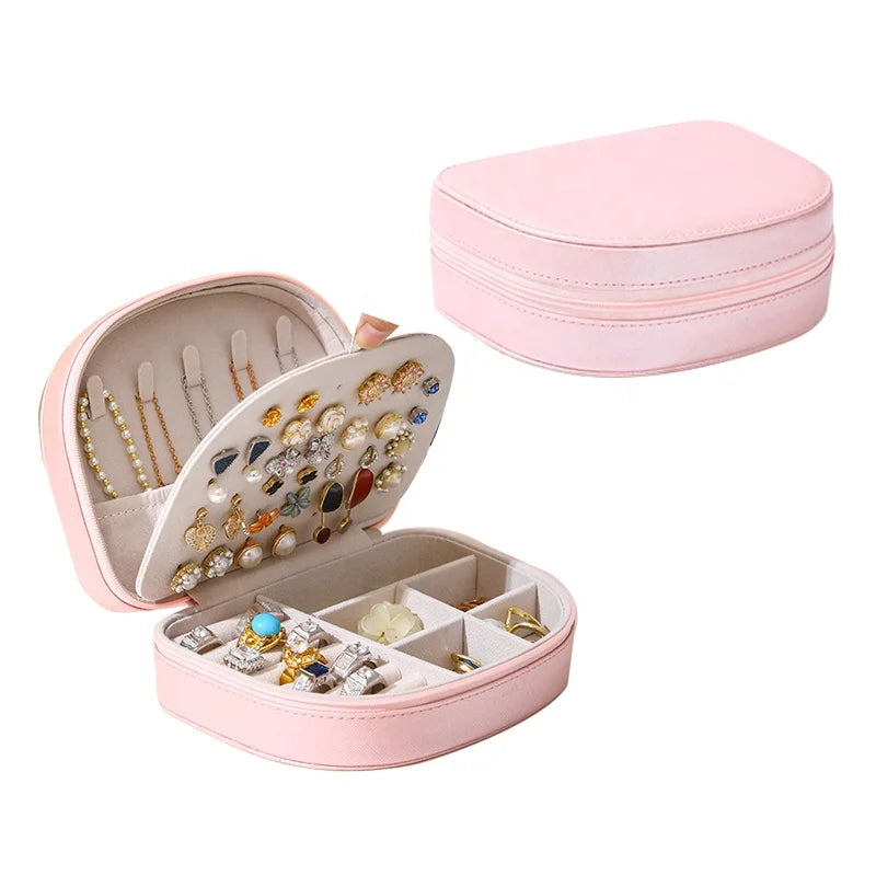 New Portable Half Round Travel Jewelry Storage Box with PU Leather Faux Leather Velvet Handmade Necklace Organizer Case